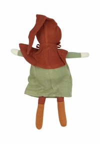 Fabric doll with a red-brown hood and cape, green dress, and brown shoes. The textured materials are soft and colorful, featuring detailed stitching.