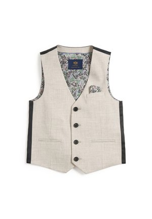 Gilet beige pour homme avec boutons noirs, panneaux latéraux noirs, doublure intérieure à motif floral et pochette assortie.