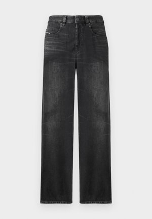 Schwarze gerade Jeans aus Denim, mit fünf Taschen, Gürtelschlaufen und subtiler Ausbleichung des Stoffes für Textur.