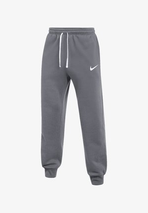 Szare spodnie dresowe Nike z białym sznurkiem i logo, z elastycznym pasem i ściągaczami, prezentowane na białym tle.