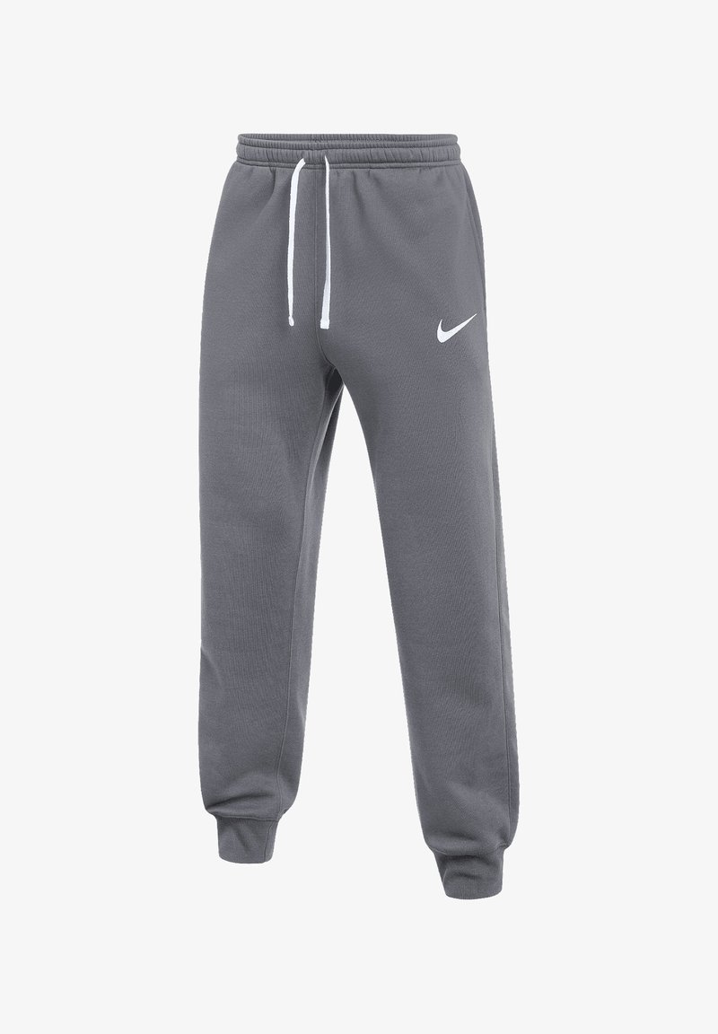 Pantaloni sportivi Nike grigi con coulisse e logo bianchi, vita e polsini elasticizzati, esposti su sfondo bianco.