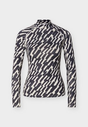 Top met lange mouwen in een nylon-spandexmix met een zwart-crèmekleurig abstract zigzagpatroon; hoge hals en getailleerd ontwerp.