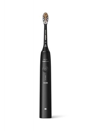 Brosse à dents électrique noire au design élancé, tête de poils texturée, bouton d'alimentation et indicateurs de batterie sur le manche.