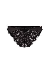 Zwarte kanten bikini slipjes met bloemmotieven en golvende randen op een witte achtergrond.