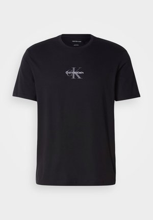 Czarna bawełniana koszulka z okrągłym dekoltem, krótkim rękawem i szarym nadrukiem logo z przodu. Prosty, casualowy design o gładkiej teksturze.