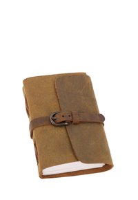 Brown leather notebook with a flap closure and a brown strap, featuring a metal buckle. Paper edges visible, textured surface. Rectangular shape.