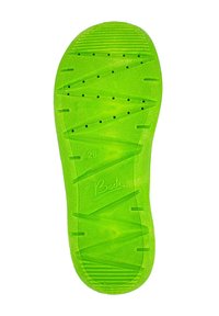 Helle grüne Gummisohle mit strukturiertem Muster und Rillen für bessere Traktion. Verfügt über Perforationen für Atmungsaktivität. Markenlogo sichtbar.