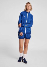 Tuta sportiva blu con giacca con zip e pantaloni corti. Presenta dettagli argento e motivi a chevron sulle maniche e sui pantaloni. Tessuto morbido.