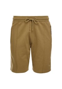 Shorts kaki fabriqués en mélange de coton doux, dotés d'une ceinture élastique avec cordon de serrage, deux poches latérales et un détail de couture subtil.