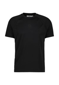 Schwarzes kurzärmeliges T-Shirt aus leichtem Stoff; hat einen Rundhals und ein dezentes Logo auf der Brust; glatte Textur, lässige Passform.