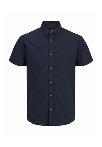 Camisa de botones de manga corta en un azul marino oscuro, hecha de tejido entrelazado. Presenta un cuello con punta y seis botones frontales con detalles metálicos.