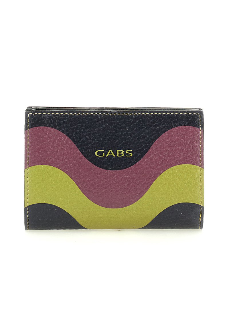 Portafoglio nero in pelle compatto con motivi curvi verdi e bordeaux e logo giallo "GABS" al centro della parte anteriore.