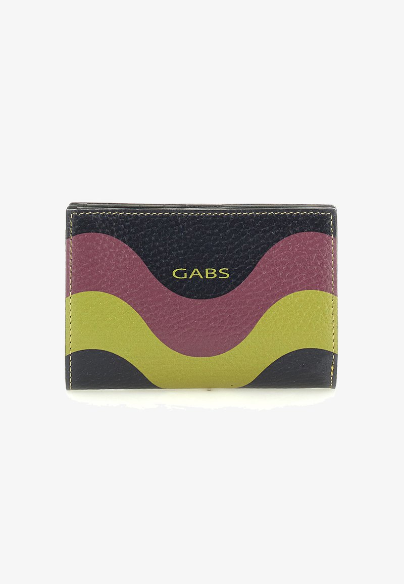 Portafoglio nero in pelle compatto con motivi curvi verdi e bordeaux e logo giallo "GABS" al centro della parte anteriore.