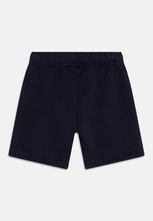 Navy cotton shorts with an elastic waistband, featuring a smooth texture and straight cut, no pockets or additional details.