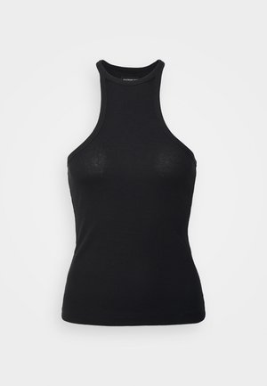 Camisola preta de alças canelada com decote alto e design sem mangas. Apresenta um corte justo e uma textura suave. Simples e minimalista.