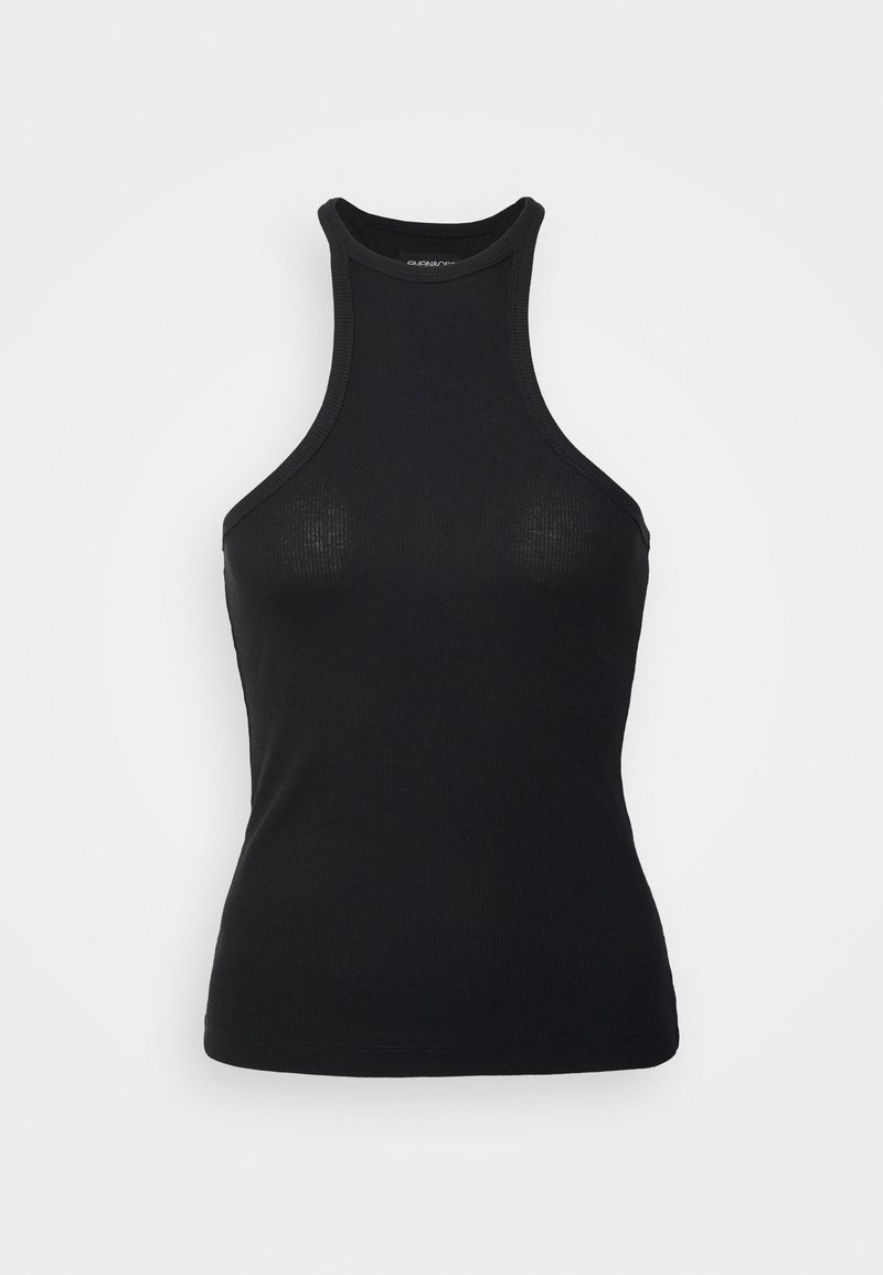 Camisola preta de alças canelada com decote alto e design sem mangas. Apresenta um corte justo e uma textura suave. Simples e minimalista.