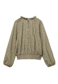 Pullover-Jacke mit floralem Muster in Beige und grünen Akzenten. Verfügt über einen hohen Kragen, einen elastischen Bund und lange, puffige Ärmel.