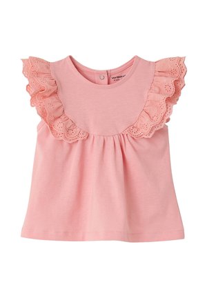 Pink baby dress with ruffled lace short sleeves and round neckline, snaps at the back for fastening.