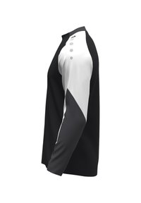 Langarmshirt met een zwart lichaam, witte diagonale mouwen en vijf decoratieve knopen op de schouder. Gladde stofstructuur.