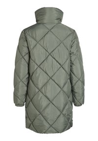 Lang, gesteppter olivgrüner Puffer-Mantel mit hohem Kragen und Rautenmuster-Steppung. Verfügt über elastische Bündchen und eine lockere Passform.