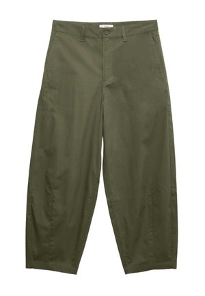 Olijfgroene, hoge taille broek met knoop- en ritssluiting, riemlussen, zijzakken en een brede, cropped pijp.