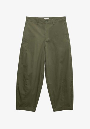 Olijfgroene, hoge taille broek met knoop- en ritssluiting, riemlussen, zijzakken en een brede, cropped pijp.