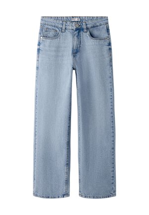 Lyseblå straight-leg denim jeans med forlommer, bæltestropper og knappelukning, vist på en hvid baggrund.