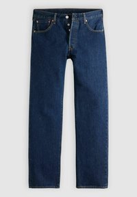 Donkere blauwe denim jeans met rechte pijpen, knoopsluiting, voor- en achterzakken, en contrasterende oranje stiksel.