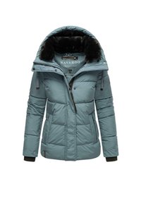 Light blue puffer jacket with a detachable black faux fur hood. Features large quilted panels, zip closure, and elastic cuffs.