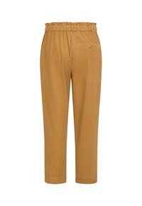 Pantaloni color senape con una vestibilità comoda, cintura elastica e una singola tasca posteriore con dettaglio in bottone. Tessuto morbido.