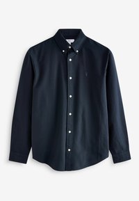 Camisa de algodón de manga larga azul marino con cuello de botones, botones blancos y un pequeño logo bordado en el pecho. Dobladillo recto.