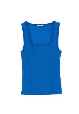 Débardeur bleu côtelé sans manches avec encolure carrée et silhouette ajustée.