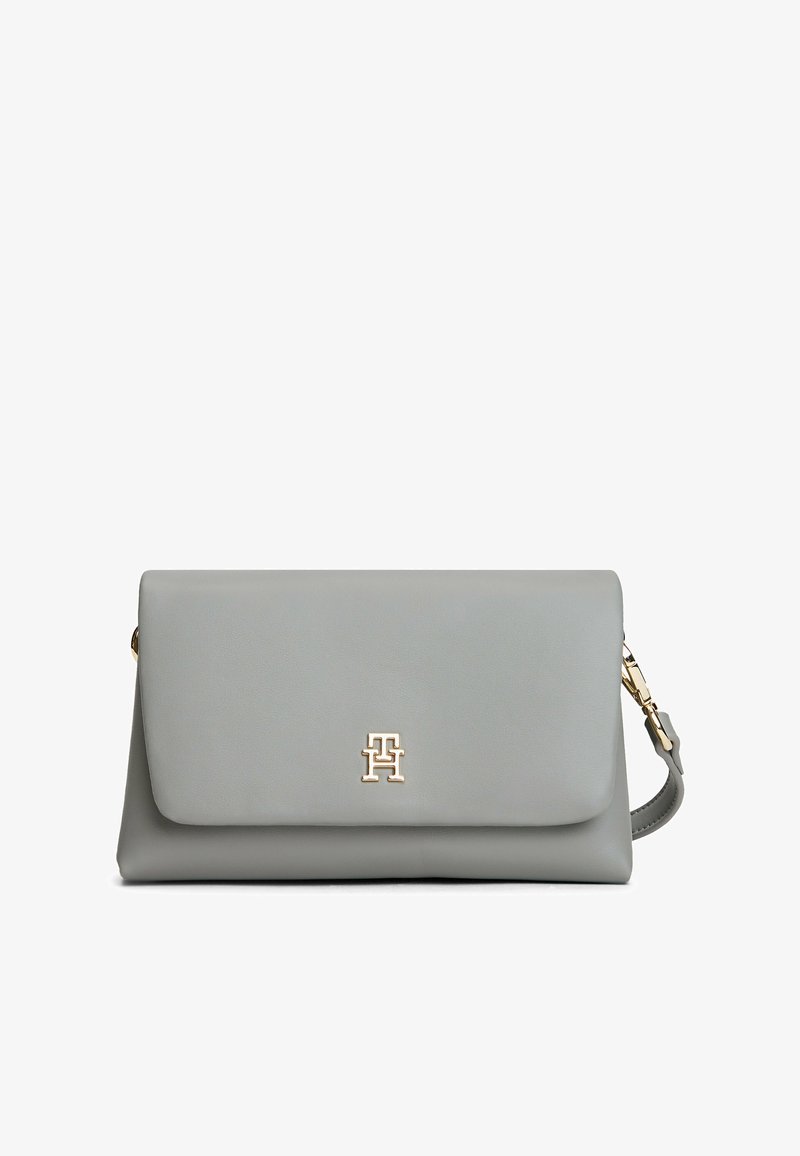 Gray leather clutch bag with a fold-over flap, gold hardware, and a logo accent at the front. Features a detachable shoulder strap.