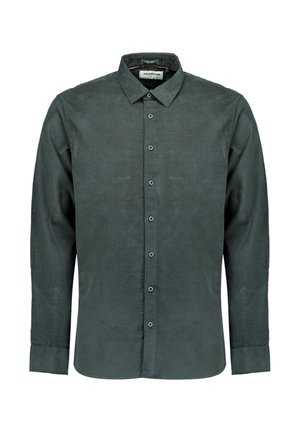 Dunkelgrünes Langarmshirt aus strukturiertem Stoff, mit einem Button-Down-Kragen und sechs vorderen Knöpfen, mit einem dezenten Glanz.