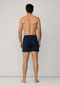 Modré a zelené kostkované plavkové šortky, elastický pas, délka nad kolena, s hladkou texturou látky a volným střihem.