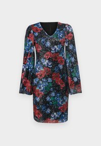 Robe fleurie noire avec des sequins ; présente de longues manches bouffantes, un décolleté en V et des motifs vifs en rouge, bleu et vert. Fermeture éclair au dos.