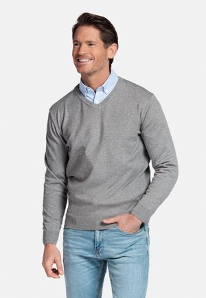 Lachende man met bruin haar, gekleed in een lichtblauw overhemd onder een grijze V-hals trui en lichtblauwe spijkerbroek, hand in de zak.