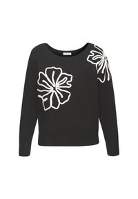 Schwarzer Strickpullover mit weißer Blumenstickerei auf der Vorderseite und der rechten Schulter. Weiter Ausschnitt und gerippter Saum. Lange Ärmel.