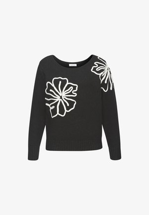 Schwarzer Strickpullover mit weißer Blumenstickerei auf der Vorderseite und der rechten Schulter. Weiter Ausschnitt und gerippter Saum. Lange Ärmel.