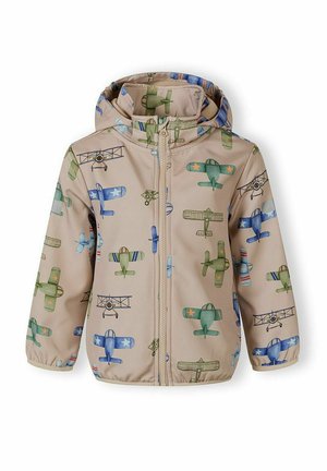 Veste à capuche pour enfants beige avec fermeture éclair à l'avant, présentant des motifs d'avions vintage verts et bleus partout.