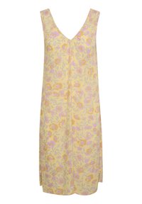 Sukienka bez rękawów w kolorze żółtym z dekoltem w kształcie litery V, z kwiatowym wzorem w odcieniach różu, pomarańczy i jasnoszarości.