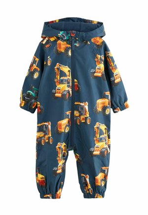 Combinaison à capuche bleue pour tout-petit avec des impressions de véhicules de chantier jaunes et orange, fermeture éclair à l'avant.