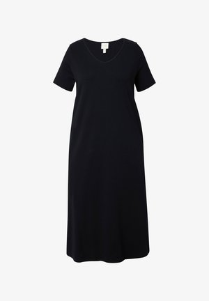 Schwarzes knielanges Kleid mit kurzen Ärmeln und rundem Ausschnitt, dargestellt auf weißem Hintergrund.
