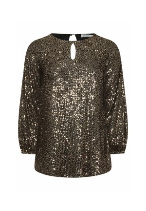 Haut à paillettes noir et or avec un col rond, des manches longues et un dos en forme de clé. Matériau texturé et réfléchissant sur l'ensemble.
