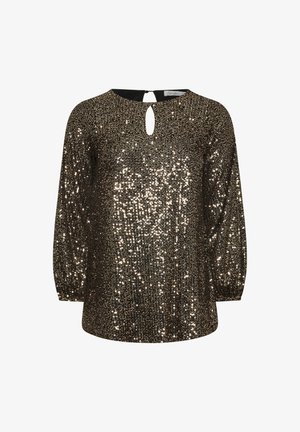 Black and gold sequined top with a round neckline, long sleeves, and a keyhole back design. Textured and reflective material throughout.