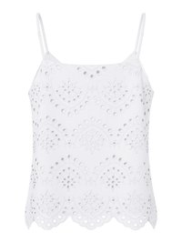 Bílý tílko z krajky s průstřihy, zakončený vroubkovaným lemem a nastavitelnými tenkými ramínky.