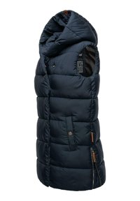 Marineblaues Steppweste mit Kapuze, gequilteter Textur, Frontreißverschluss und Druckknöpfen Taschen. Mit braunen Lederakzenten.