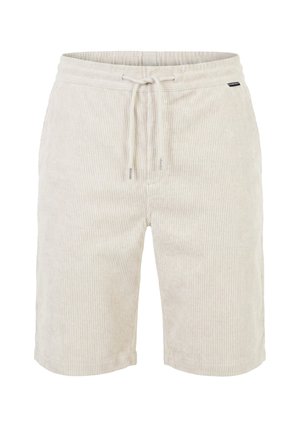 Beežid korduroopa lühikesed püksid elastse vöökohaga ja nööriga, millel on paremal küljel väike must brändi silt.