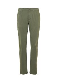 Pantaloni verdi a gamba affusolata con tasche frontali e posteriori, dotati di passanti per cintura e chiusura a bottone, esposti su uno sfondo semplice.