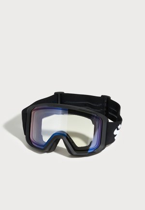 Occhiali da neve neri con cinturino regolabile e lenti riflettenti e colorate posti su una superficie bianca.